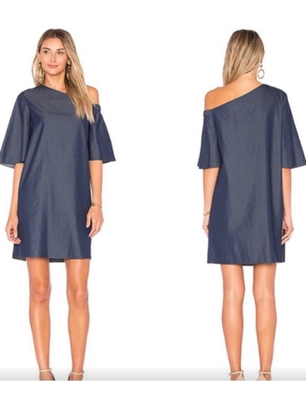 Tibi Chambray Off Shoulder Dress Designer Ruffle Mini Dark Blue Women’s 6 - Picture 2 of 7